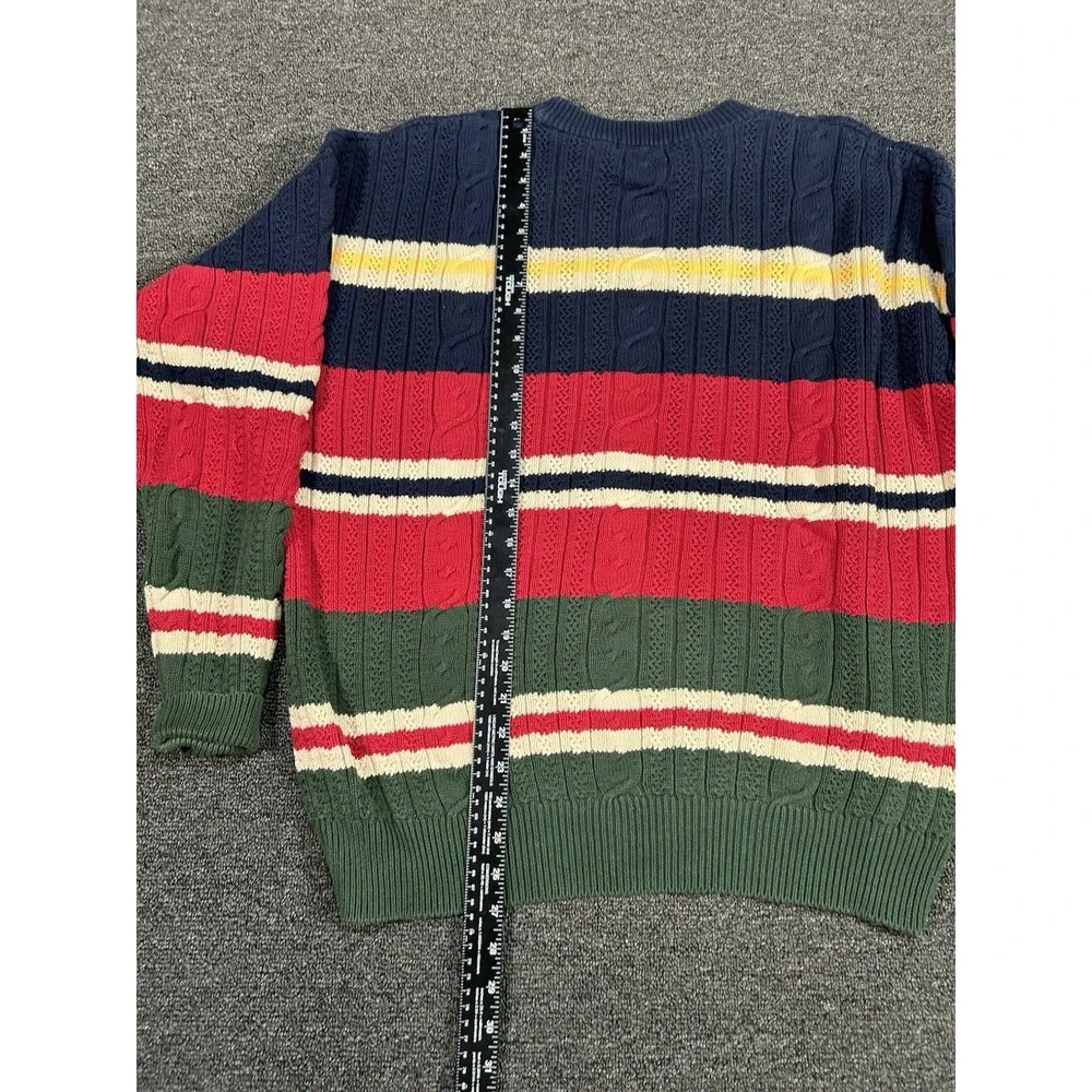 Vintage Nautica Sweater Men Large Cable Knit Rugby Striped‎ Fisherman Preppy Red